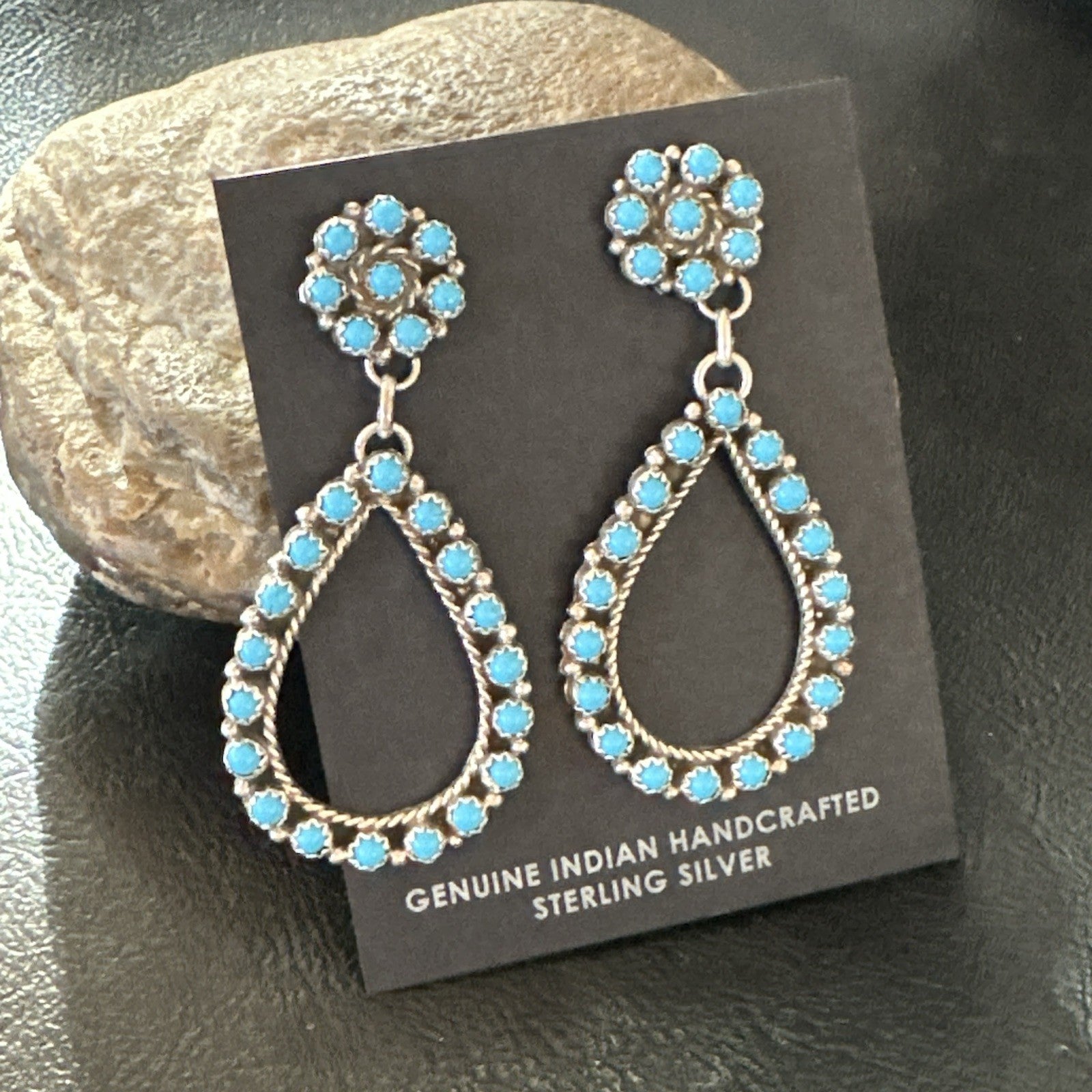 Zuni Petite Point Turquoise Cluster Earrings Sterling Silver Handmade 19772