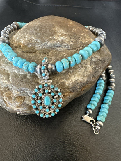 Zuni Blue Kingman Turquoise Cluster Pendant Sterling Silver Necklace 21" 18381