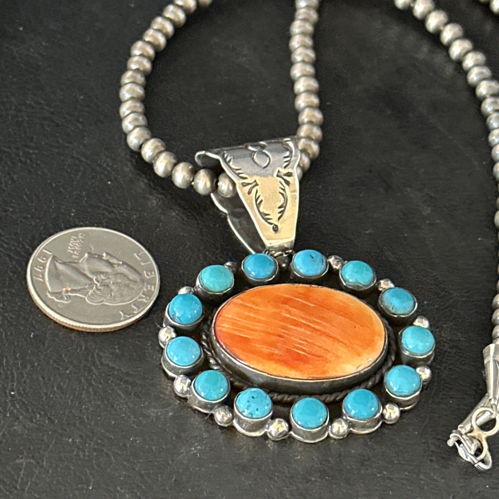 Blue Cluster Kingman Turquoise Sterling Orange Spiny Oyster Pendant 14353