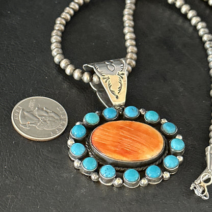 Blue Cluster Kingman Turquoise Sterling Orange Spiny Oyster Pendant 14353