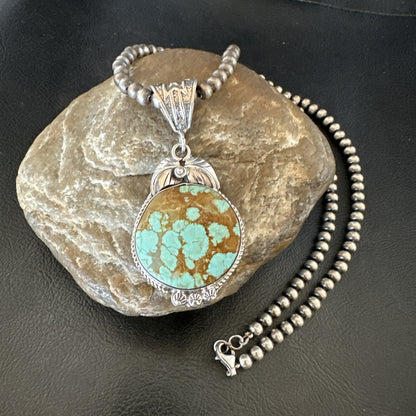 Mens Blue Turquoise#8 Pendant Navajo Sterling Silver Necklace 18108