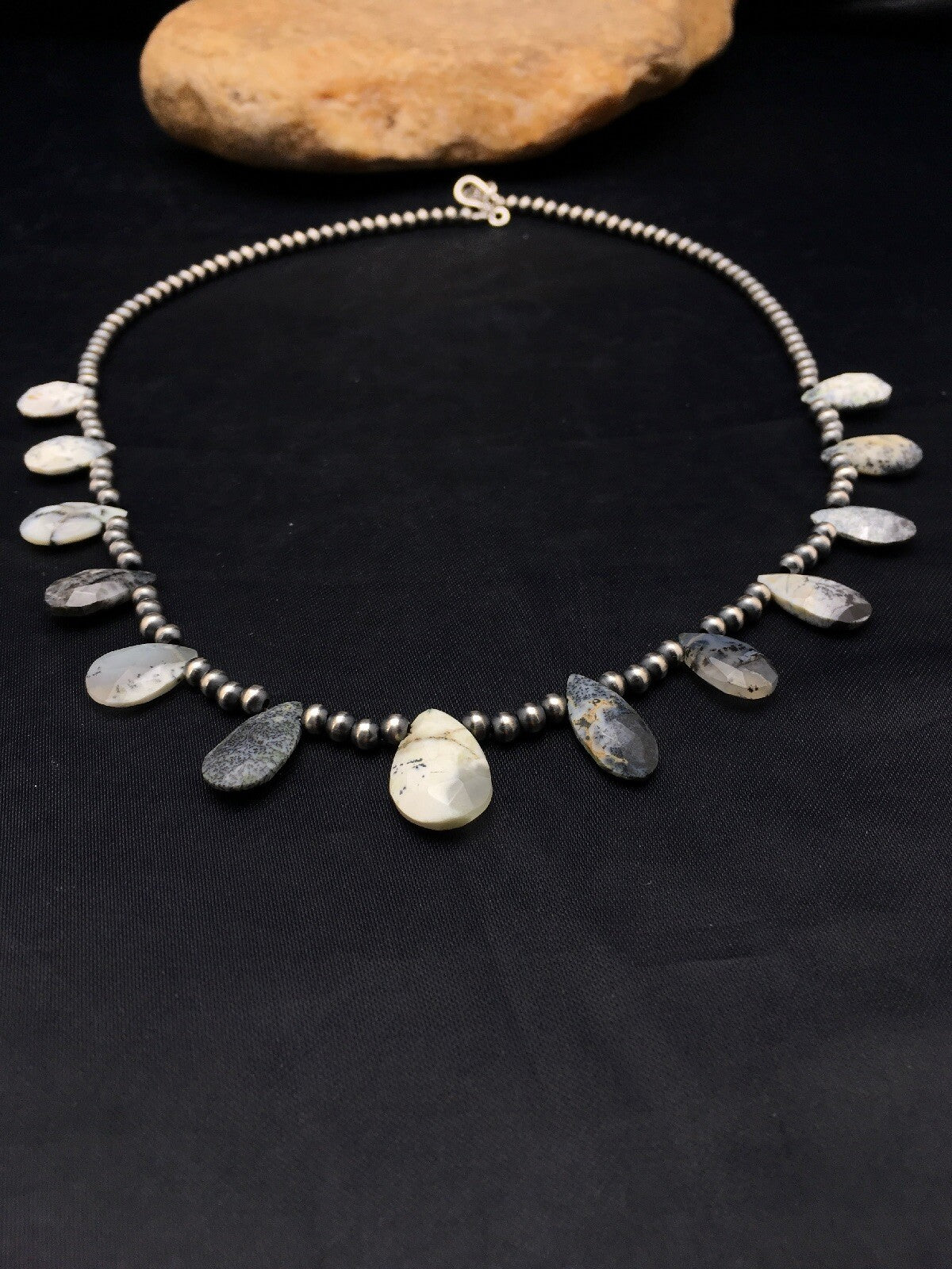 Black Rutile & Opal Pear Shaped Navajo Pearls Sterling Silver Necklace 04091