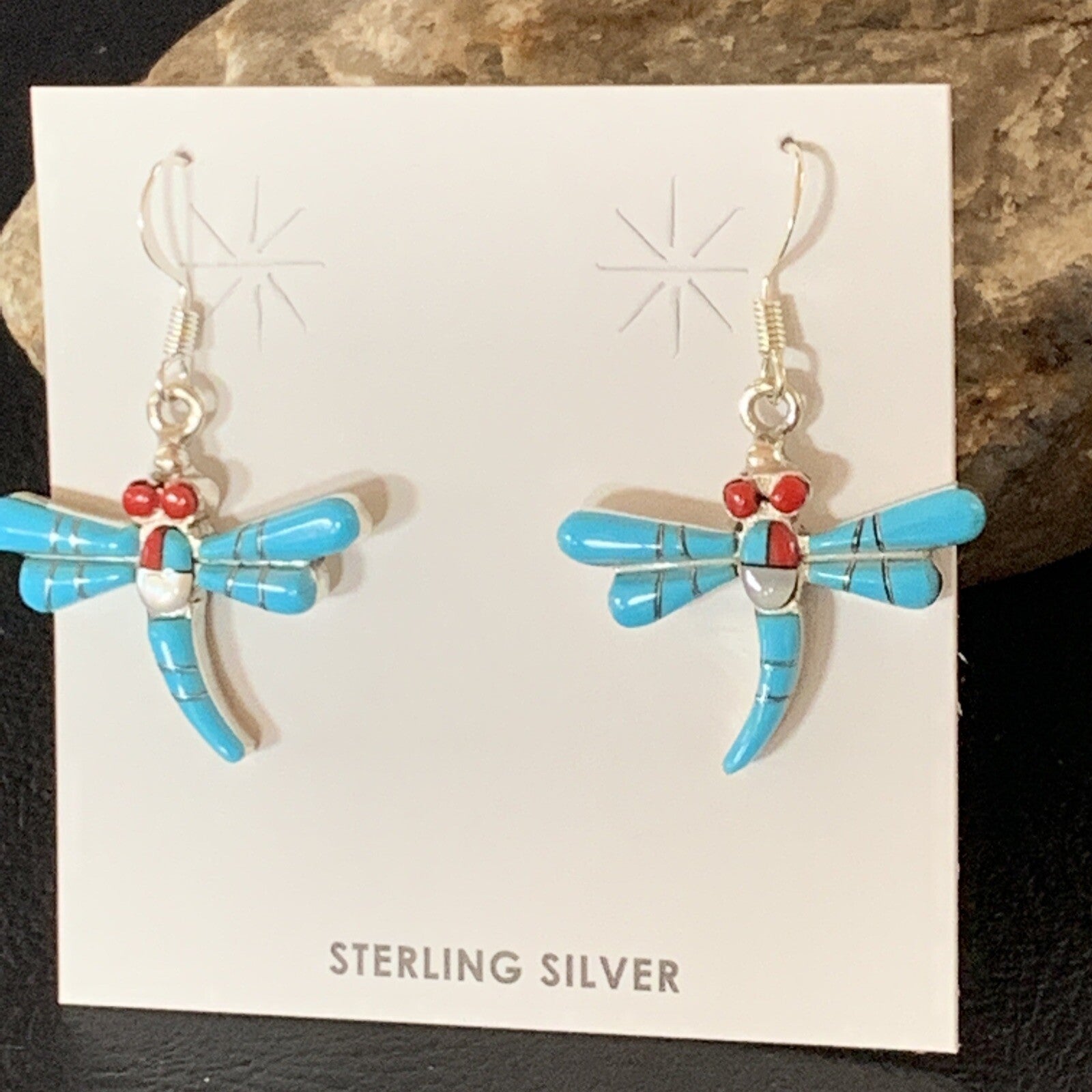 Dragonfly Blue Turquoise Coral MOP Inlay Sterling Silver Earrings 1" 13318