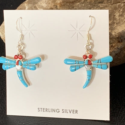 Dragonfly Blue Turquoise Coral MOP Inlay Sterling Silver Earrings 1" 13318