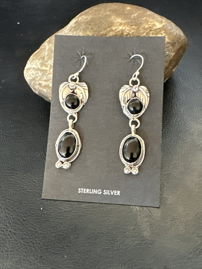 Black Onyx Navajo Sterling Silver Dangle Earrings 1.5" 18293