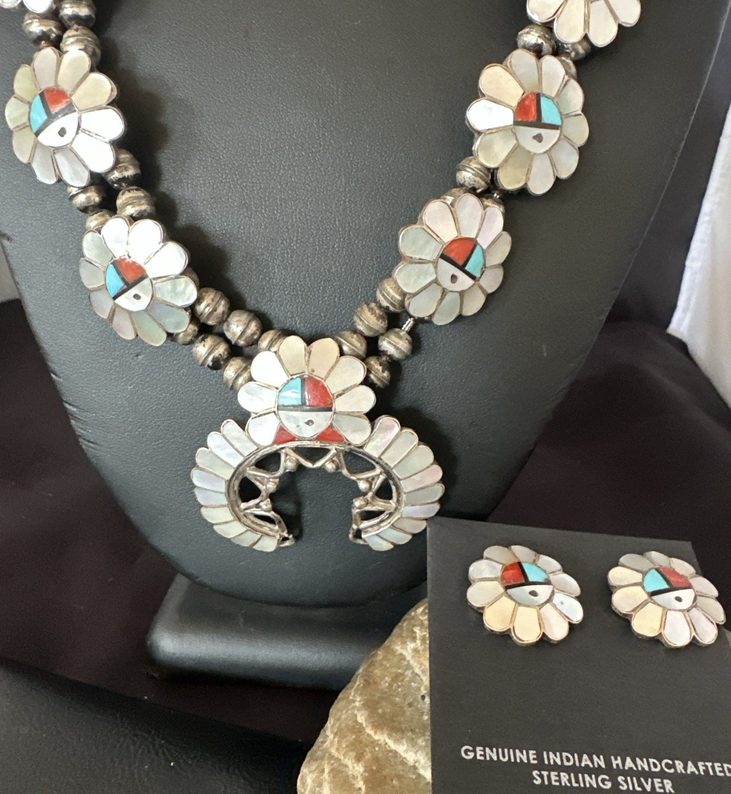 Old Pawn Sunface Turquoise Zuni Sterling Silver Squash Necklace Earrings 19085