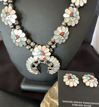 Old Pawn Sunface Turquoise Zuni Sterling Silver Squash Necklace Earrings 19085