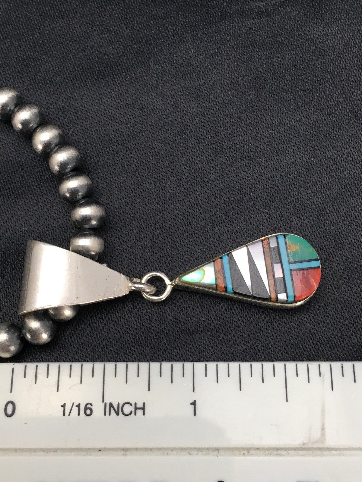 Turquoise MultiStone Inlay Pendant Sterling Silver Bead Necklace 1.75" 02705