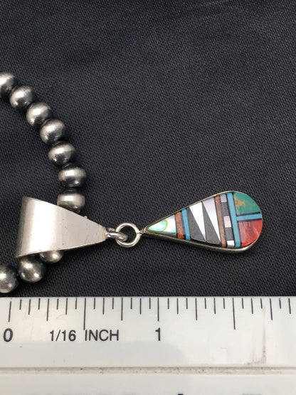 Turquoise MultiStone Inlay Pendant Sterling Silver Bead Necklace 1.75" 02705