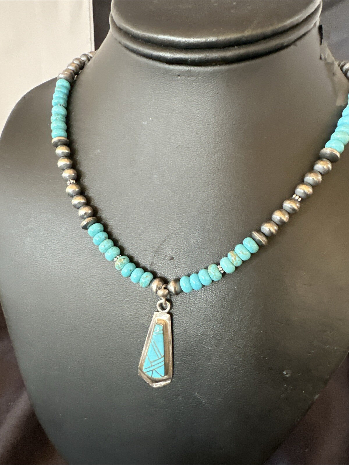 Inlay Blue Kingman Turquoise Pendant Navajo Sterling Silver Necklace 21" 18380