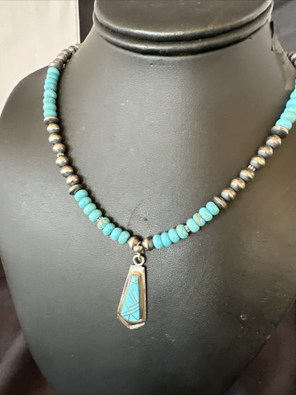 Inlay Blue Kingman Turquoise Pendant Navajo Sterling Silver Necklace 21" 18380