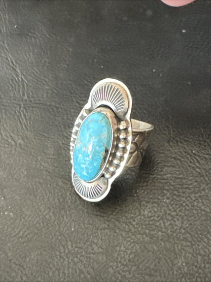 WoMens Blue Kingman Turquoise Navajo Sterling Silver Adjustable Ring Sz 8 19421