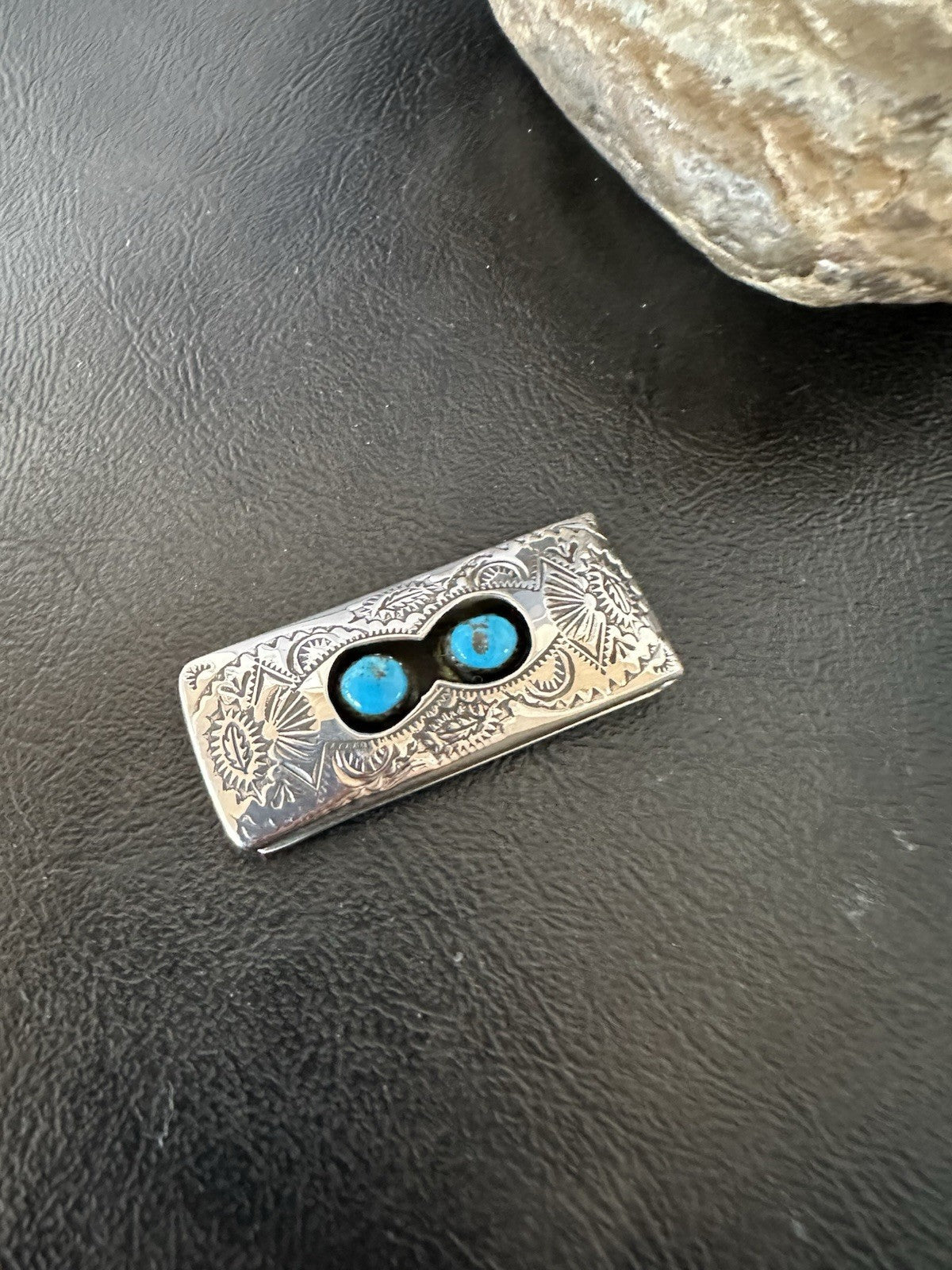 Mens Blue Turquoise Navajo Stainless Stamped Silver Money Clip 19367