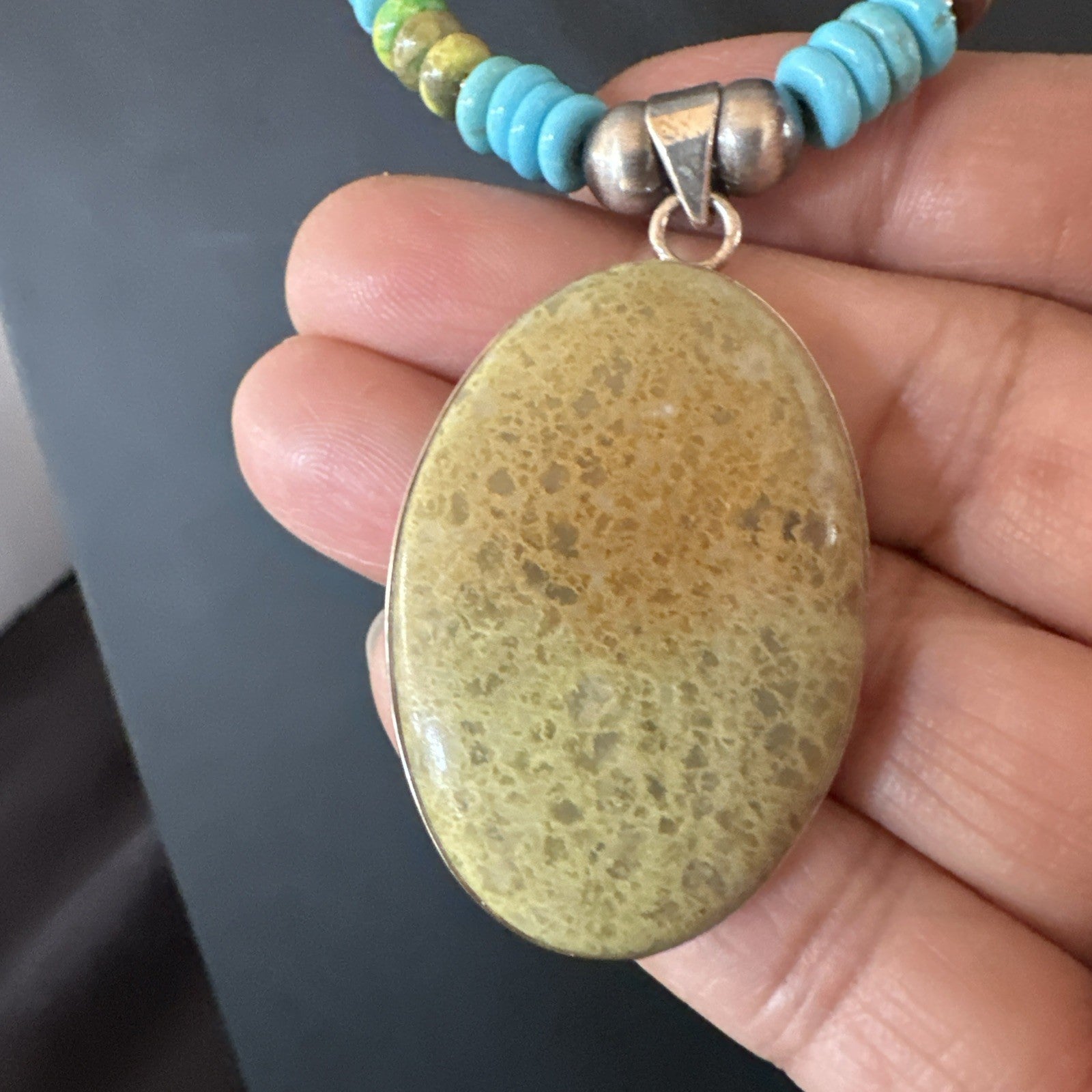 Green Gaspeite Pendant Blue Turquoise Navajo Sterling Silver Necklace 20" 19667