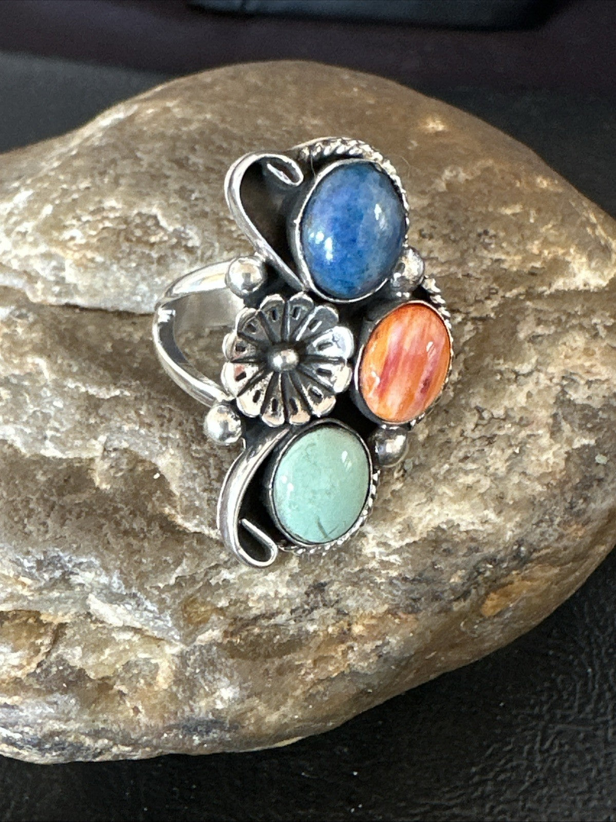 Multicolor Ring Turquoise Spiny Navajo Sterling Silver Cluster Size 9 19187