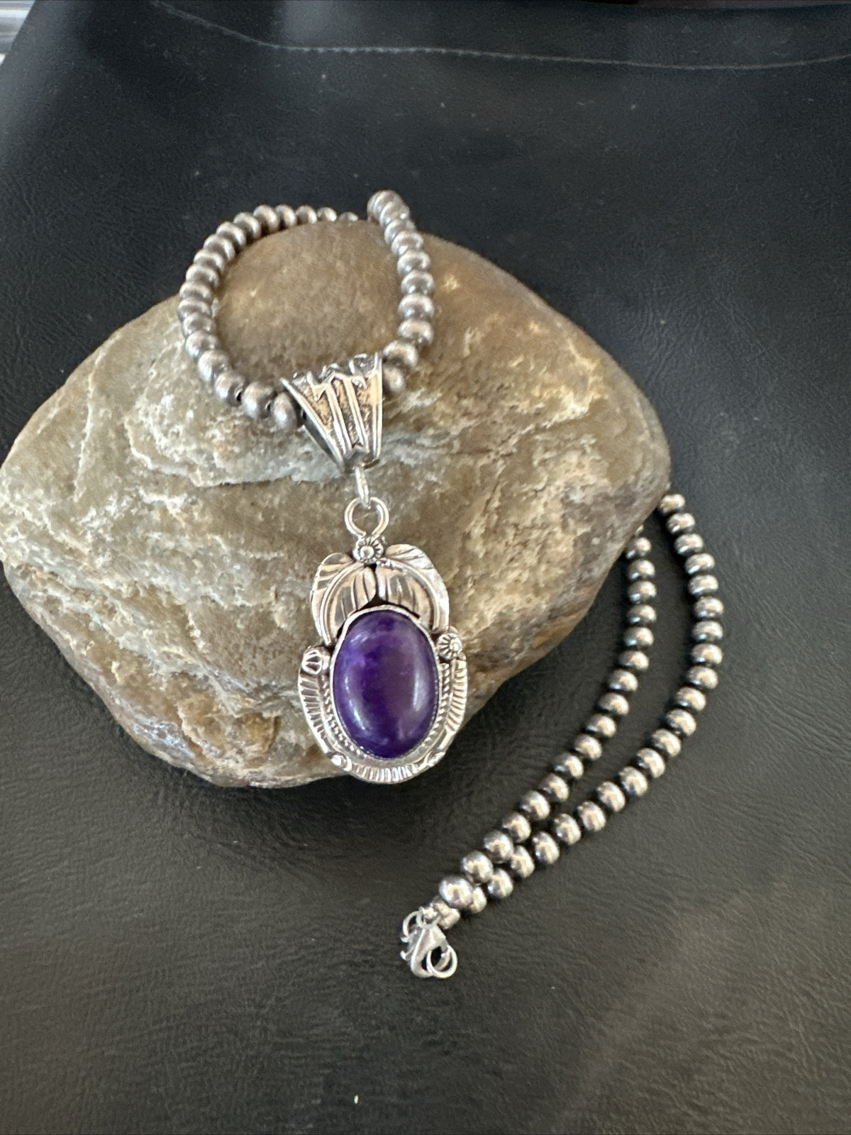 Purple Stone Pendant Navajo Pearls Sterling Silver Necklace 20” 18049
