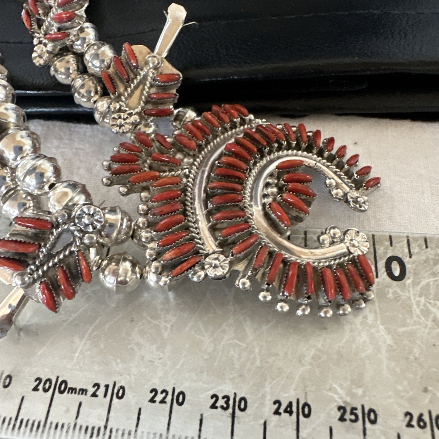 ZUNI Coral Sterling Silver Squash Blossom Needlepoint Necklace Earrings 19277