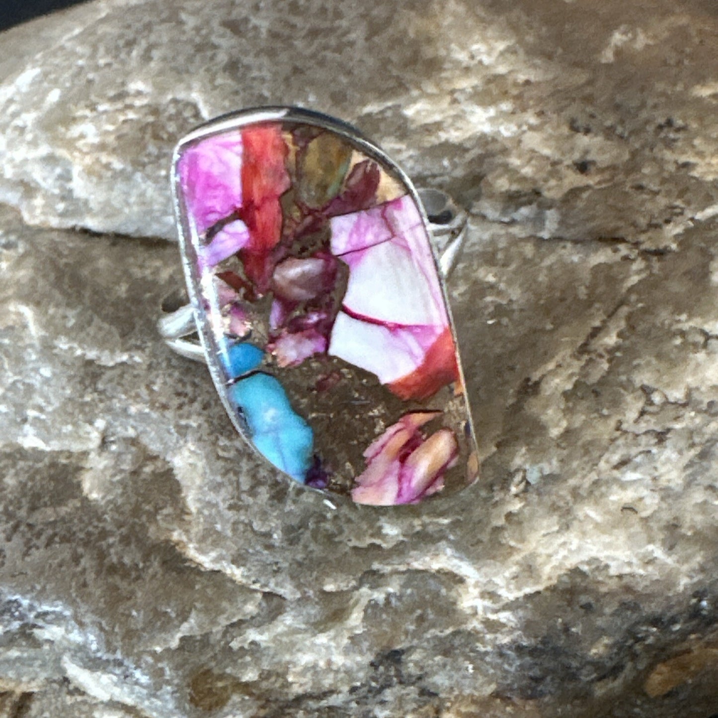 Blue Turquoise Spiny Oyster Navajo Sterling Silver Ring Size 8 18232