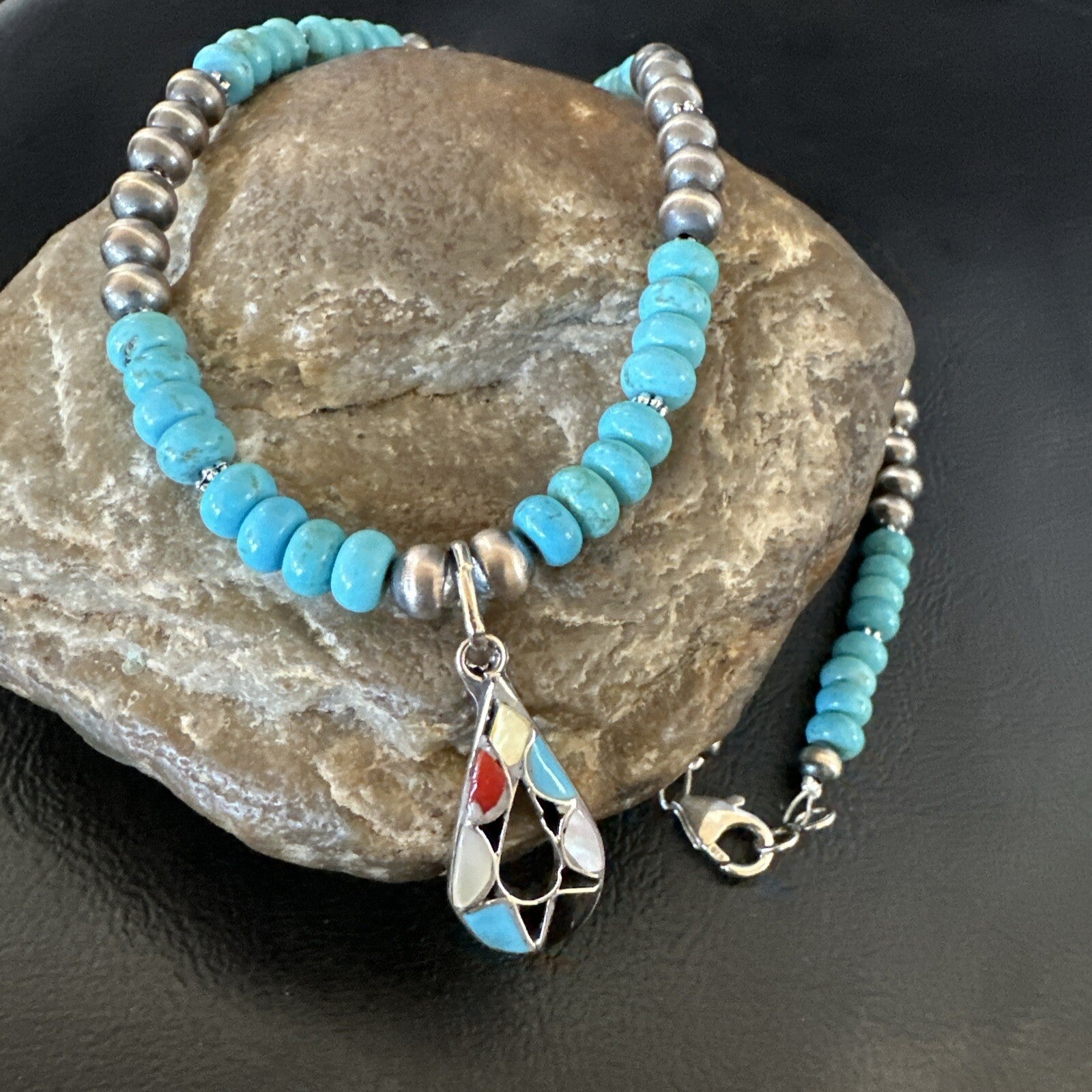 Zuni Turquoise Pink MOP Inlay Pendant 2Sided Necklace Sterling Silver 18064