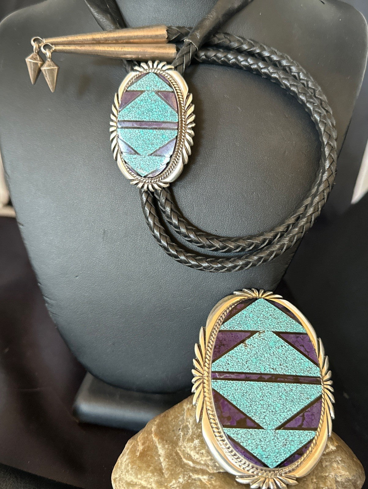 Navajo Mens BoloTie Belt Buckle Ranger Blue Turquoise Sterling Silver 19156