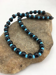 Navajo Black Onyx Turquoise Bead Necklace 18" | Sterling Silver | Authentic Native American Handmade | 4882