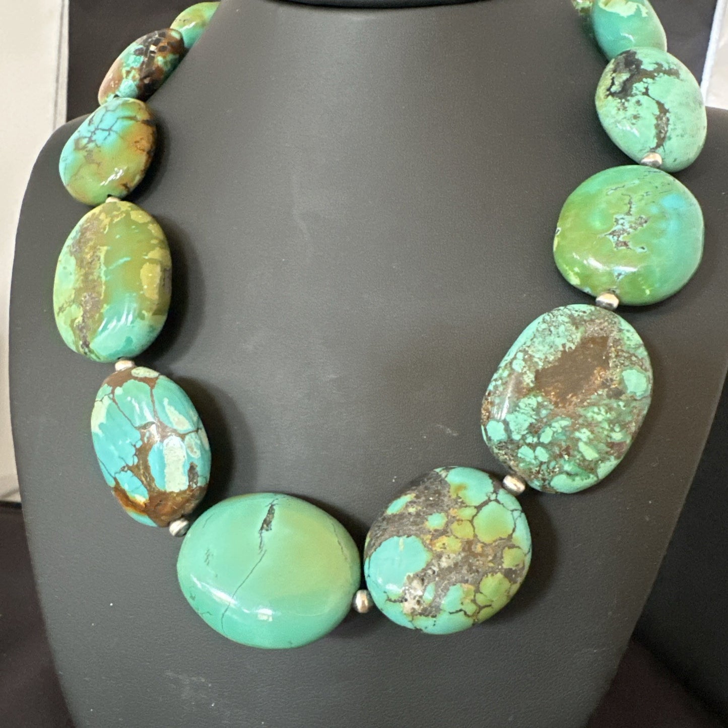 Blue Green Turquoise Nugget Chunky Navajo Sterling Silver Necklace 20” 19250