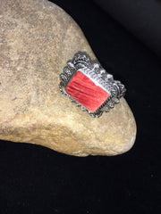 Navajo Red Spiny Oyster Ring Size 8.5 | Sterling Silver | Authentic Native American Handmade | 01811
