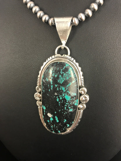 Green SpiderWeb Turquoise Pendant Navajo Pearls Sterling Silver Necklace 1329