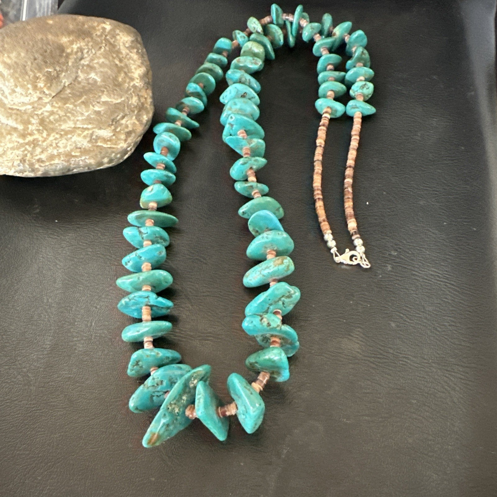 XL Navajo Kingman Turquoise Shell Heishi Sterling Silver Bead 35” Necklace 19634