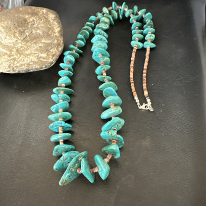 XL Navajo Kingman Turquoise Shell Heishi Sterling Silver Bead 35” Necklace 19634