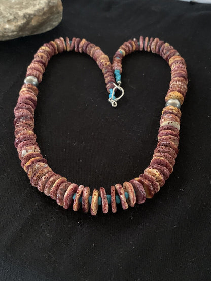 Purple Spiny Oyster & Turquoise Navajo Sterling Silver Necklace 00119