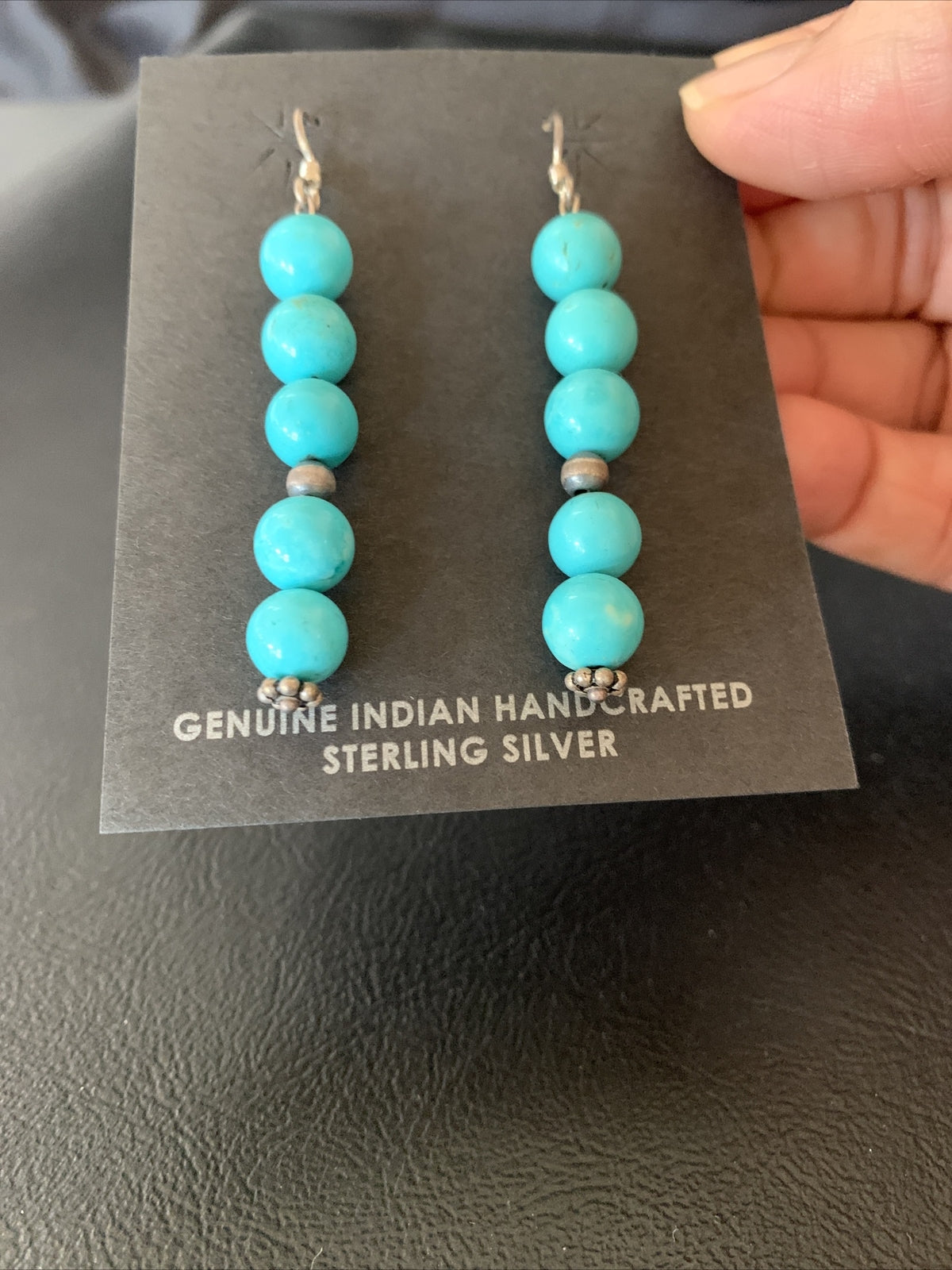 Blue Turquoise Earrings Native American Sterling Silver Bead 2" 13046