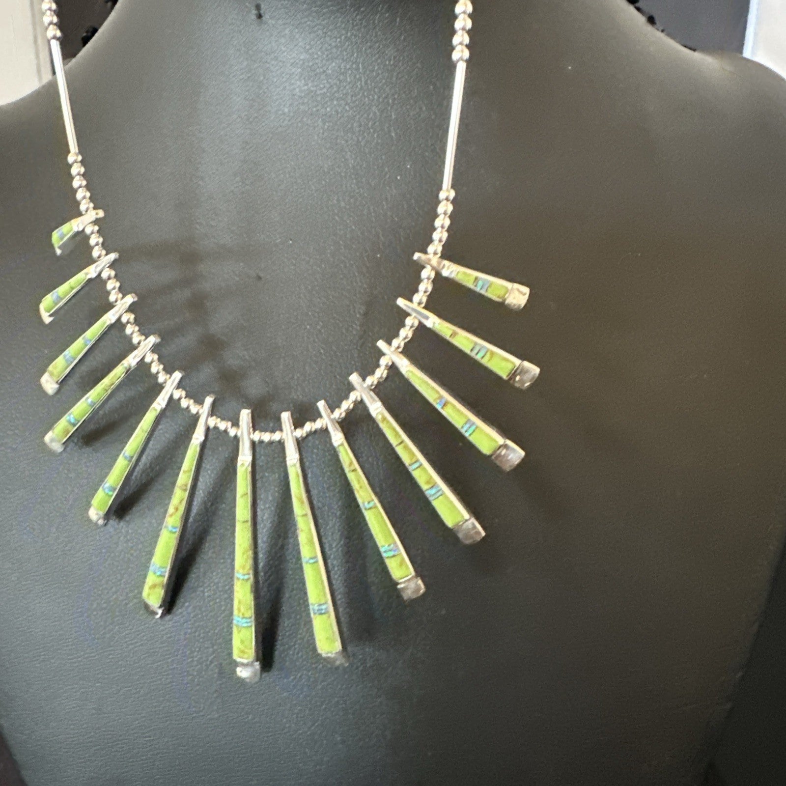 Womens Green Gaspeite Stick Pendant Necklace Earrings Sterling Silver 19151