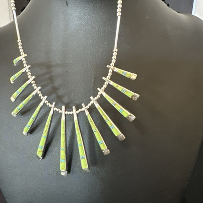 Womens Green Gaspeite Stick Pendant Necklace Earrings Sterling Silver 19151