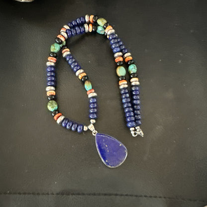 Lapis Turquoise Spiny Necklace Southwestern Sterling Silver Pendant 22” 19470