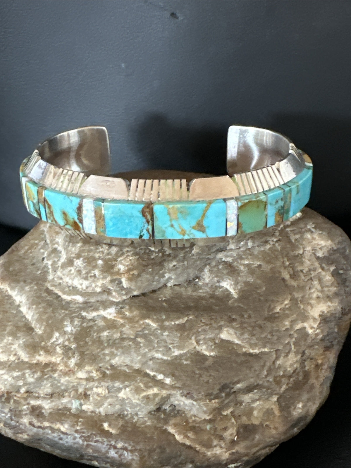 Blue Turquoise Opal Navajo Sterling Silver Cuff Inlay Bracelet 17958
