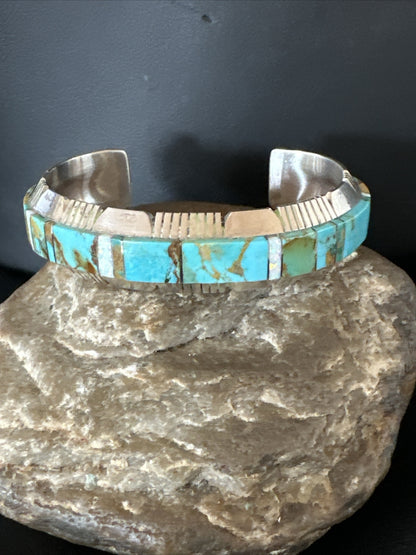 Blue Turquoise Opal Navajo Sterling Silver Cuff Inlay Bracelet 17958