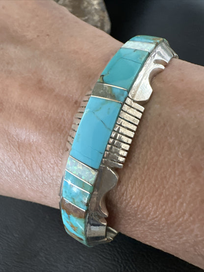 Blue Turquoise Opal Navajo Sterling Silver Cuff Inlay Bracelet 17957