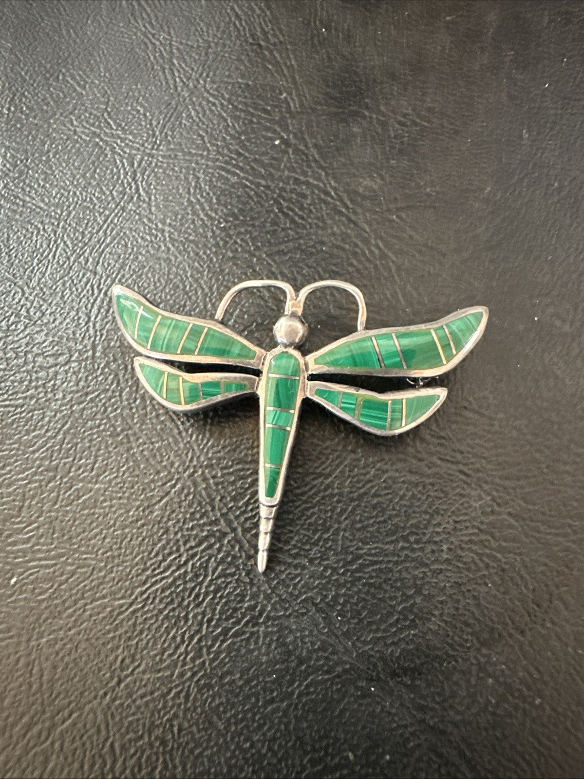 Rare Dragonfly Green Malachite Sterling Silver Inlay Pin 1.35” 19820