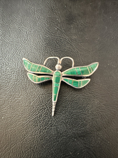 Rare Dragonfly Green Malachite Sterling Silver Inlay Pin 1.35” 19820
