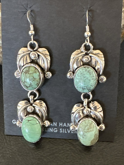 Native Navajo Green Turquoise Sterling Silver Dangle Earrings 2” 17910