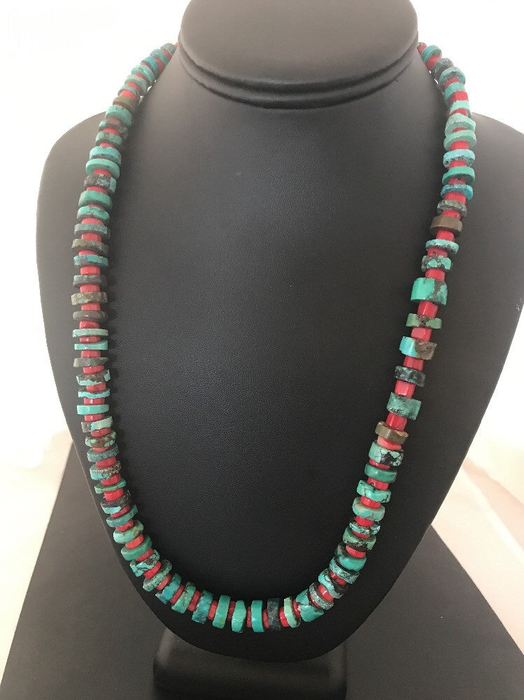 Navajo Mens  Sterling Silver Heishi Turquoise Coral Necklace 8506