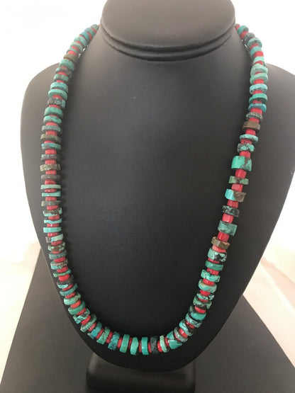 Navajo Mens  Sterling Silver Heishi Turquoise Coral Necklace 8506