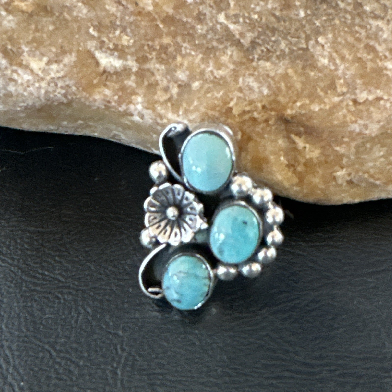 Yazzie Ring Blue Turquoise Navajo Sterling Silver Cluster Size 9 19217