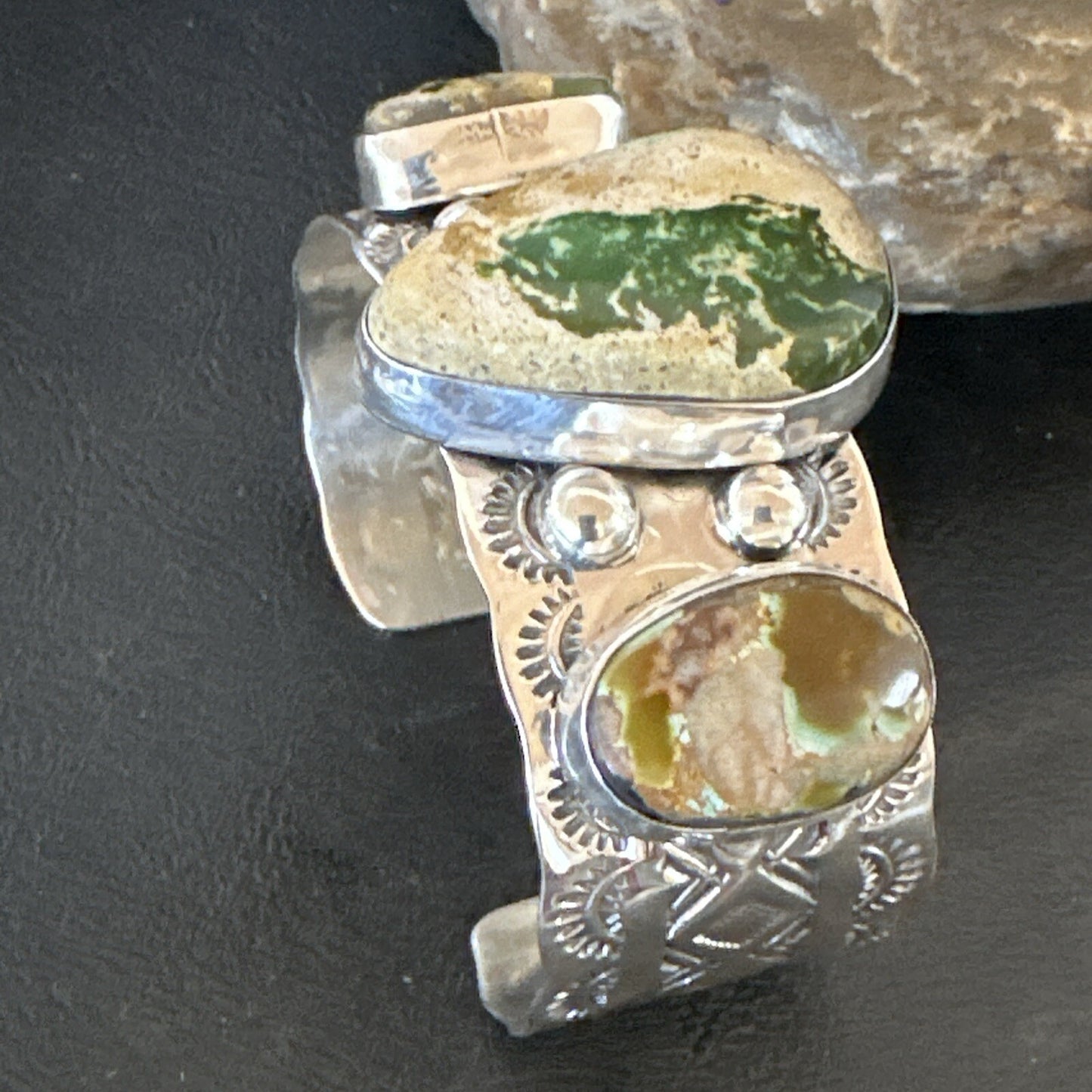 Navajo Green Royston TURQUOISE Stamped Sterling Silver Cuff Bracelet 18975