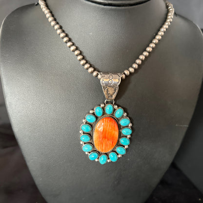 Blue Cluster Kingman Turquoise Sterling Orange Spiny Oyster Pendant 14278