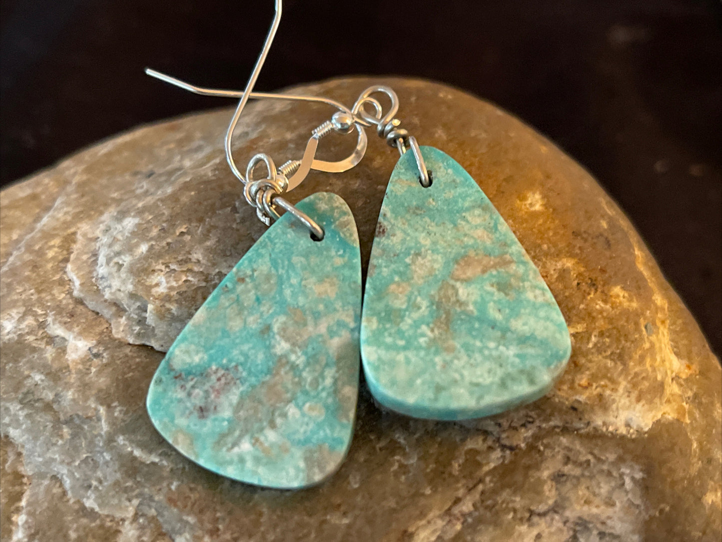 Turquoise Slab Navajo Sterling Silver Dangle Earrings 01350