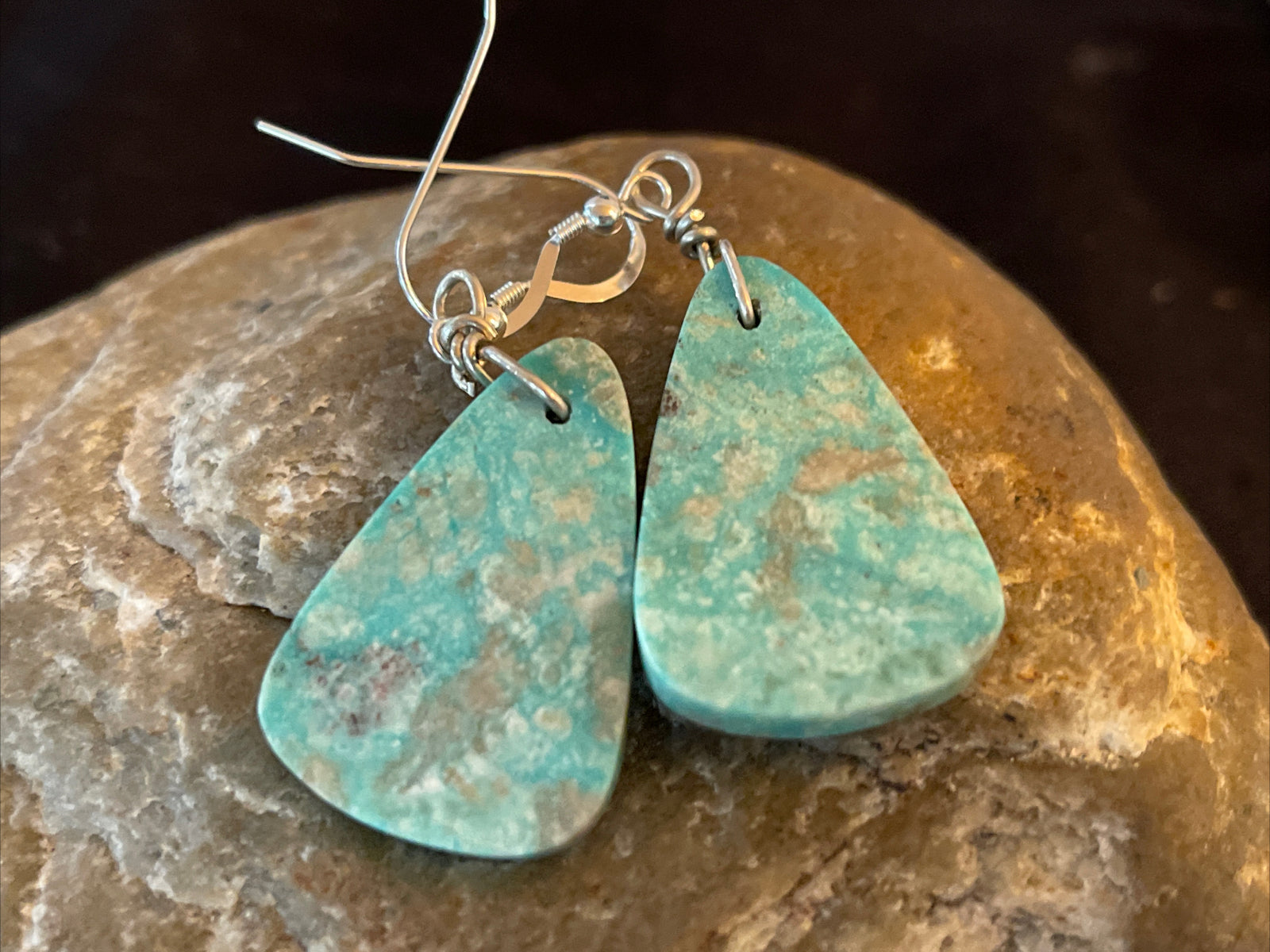 Turquoise Slab Navajo Sterling Silver Dangle Earrings 01350