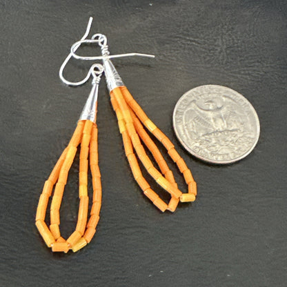 Orange Beads 2 Strands Heishi Liquid Sterling Silver Dangle Earrings 2" 18178