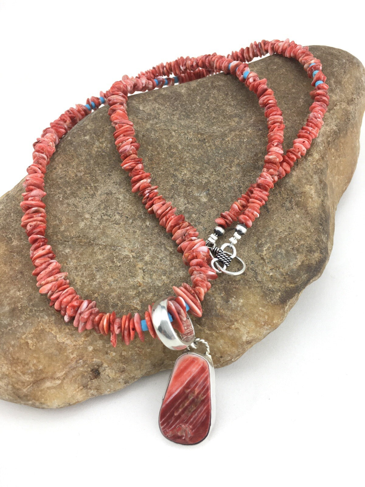 Spiny Oyster Pendant Turquoise Navajo Sterling Silver Beads Necklace 04890